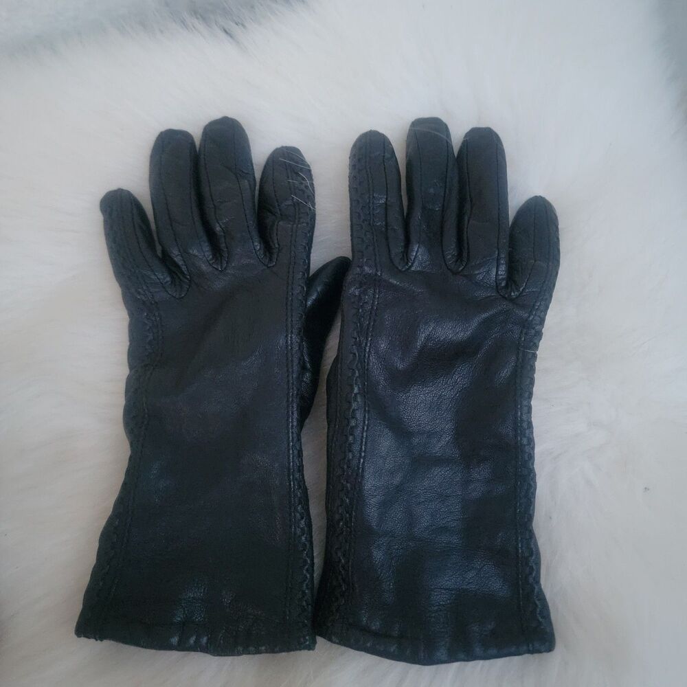 Wmn's leather 100% cashmere lined blk gloves sz 6.5 Made In Italy Cozy Academia